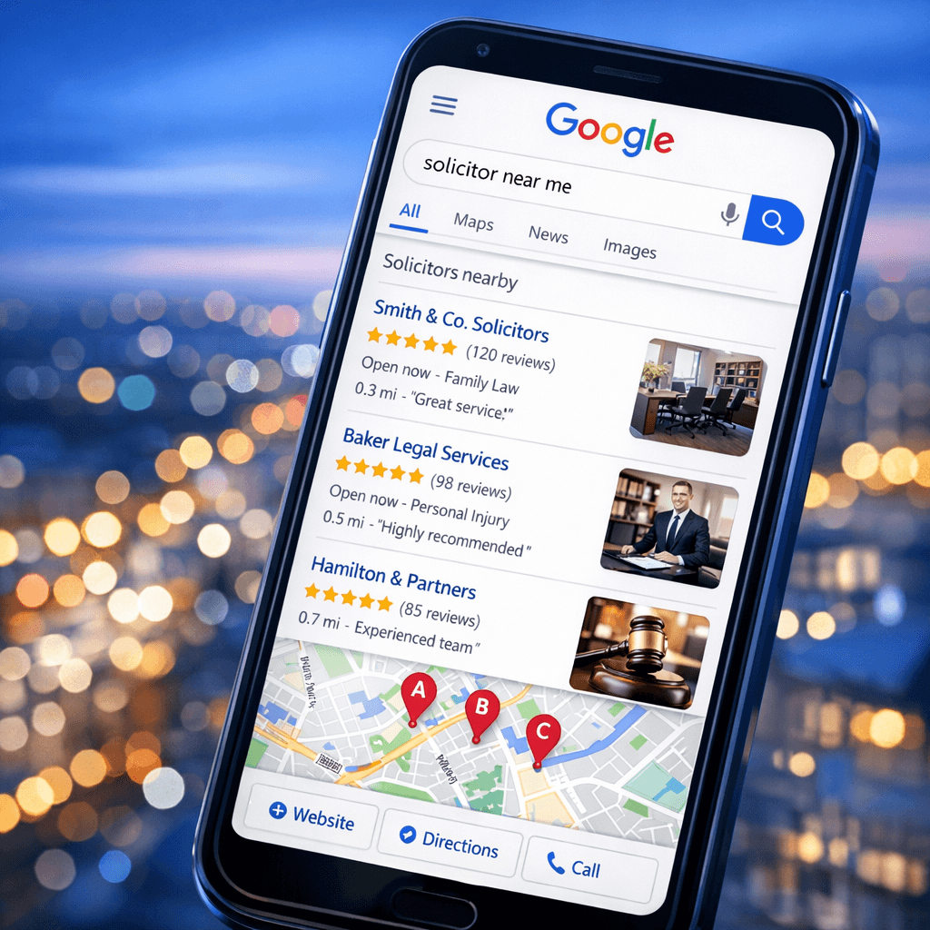 Google Maps local pack showing top 3 solicitor results with 5-star reviews, business photos, and location pins